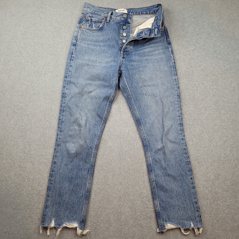 AGOLDE Riley Crop‎ Jeans Womens 25 Blue High Rise Distressed Raw Hem